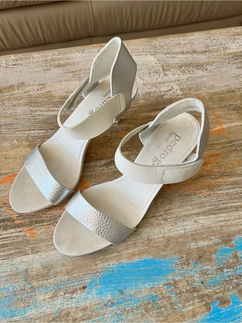Pedro Garcia Silver and Cream Two-Strap Heeled Sandal Size 40.5/10 1/2